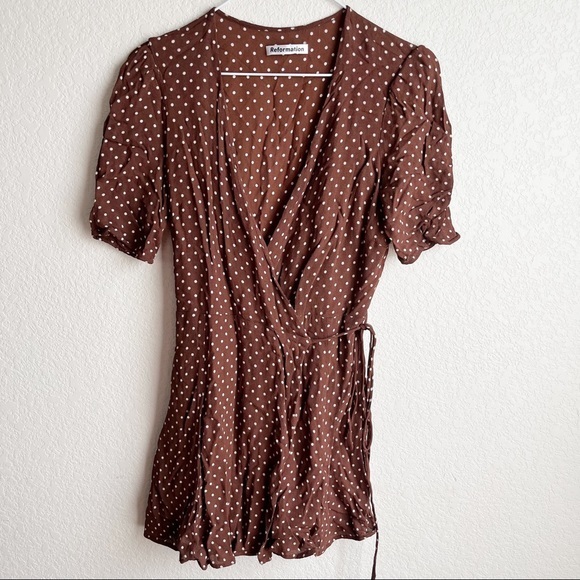 Reformation Lucky Mini wrap Dress Brown polka dot XL, runs small - Picture 2 of 9